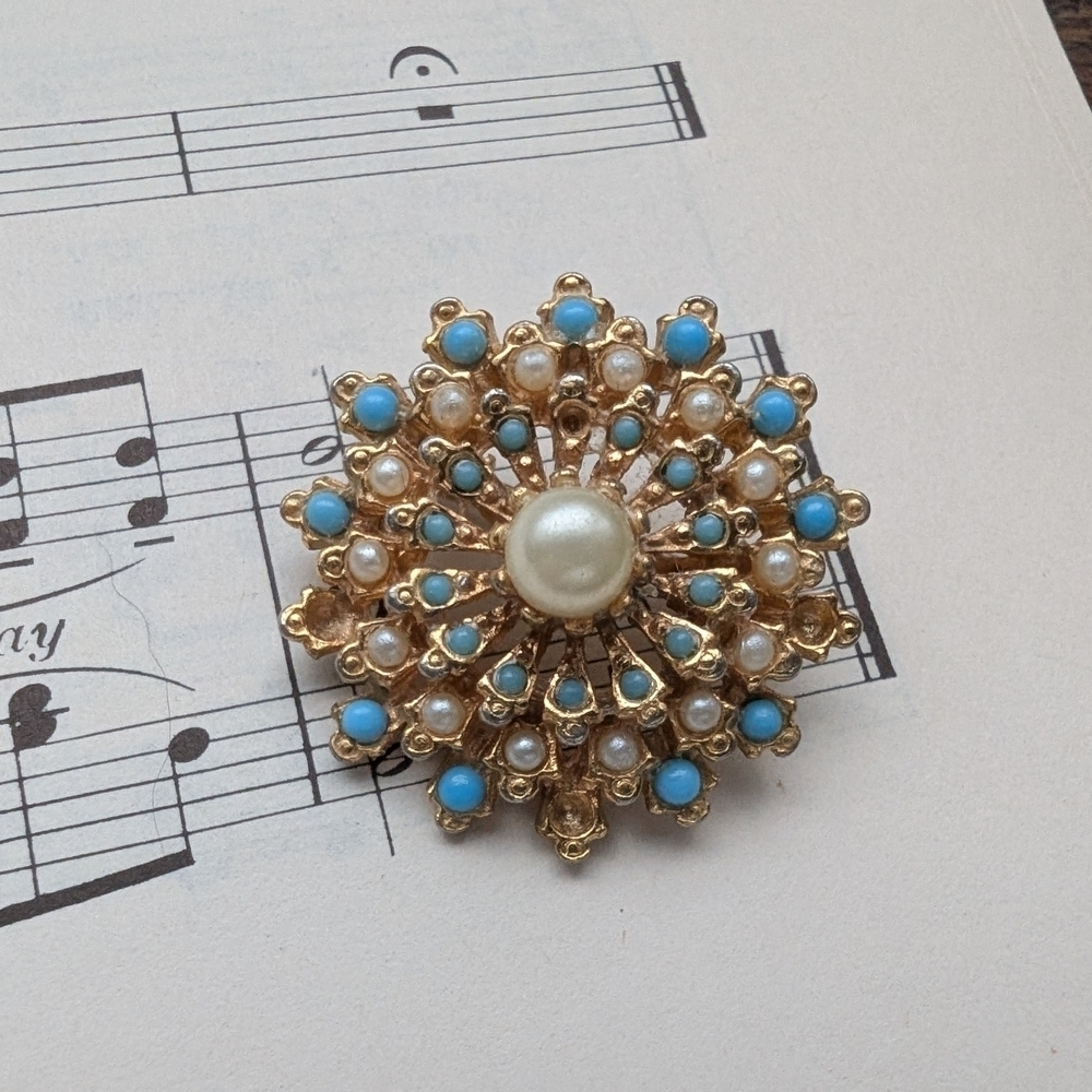 Goldtone Faux Pearl And Blue Brooch